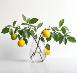 Transparent vase with lemon tree branches with fruits on white background