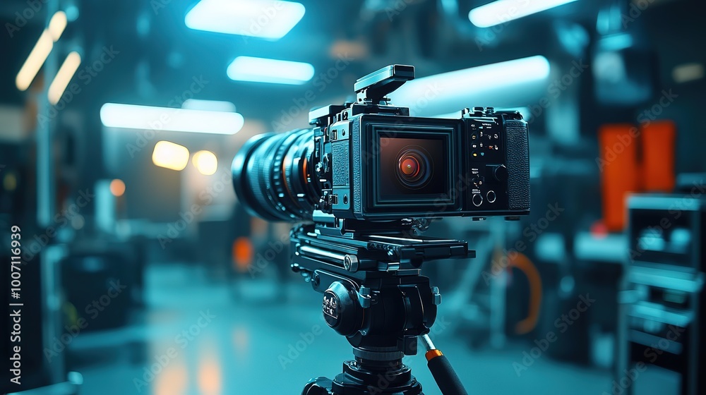 Camera on a tripod in Modern photo studio with professional equipment ...