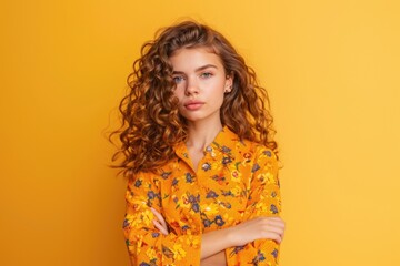 A woman with curly hair and a bright yellow shirt, perfect for portraits or everyday scenes