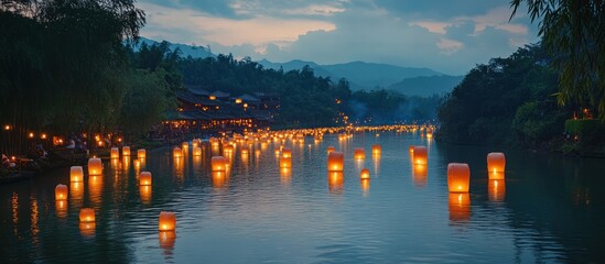 Wall Mural - Hundreds of floating lanterns illuminate a river at dusk in a scenic Asian town.