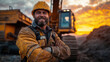 © Ala - Happy excavator driver at work in a construction site during sunset, showcasing pride and expertise in heavy machinery operation