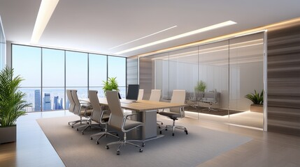 Poster - A professional office interior with a large conference room, featuring a glass wall and modern furniture, ready for meetings.