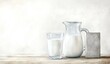 © Avve Diana  - A watercolor isolated illustration of water or milk with drawn pictures on a white background. A jug with a glass, bottle, and cardboard packaging.