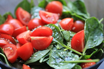 Poster - A fresh bowl of mixed greens with juicy tomatoes, perfect for a healthy snack or meal prep.