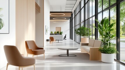Poster - A spacious office hallway with large windows, modern furniture, and plants, reflecting a clean and inviting corporate environment.