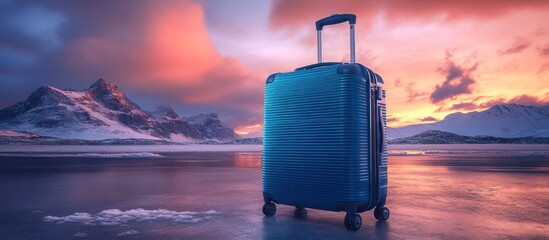 Wall Mural - a blue suitcase stands on frozen lake shore in front of snowy mountains and a vibrant sky at sunset.