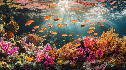 The colorful coral reef in the ocean is in sunny conditions with small fish swimming around it