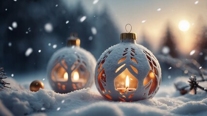 Two white christmas baubles with candles at the interior in the winter landscape