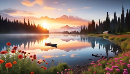 Wall Mural - Serene Sunset Reflections on Lake with Rowboats and Fishing Docks