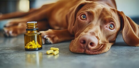 a brown dog lays next to a bottle of medicine. the popularity of cbd oil for dogs as a treatment for