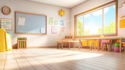 Poster - Background of a bright elementary classroom, filled with colorful posters, learning materials, and student artwork on the walls.