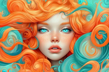 Poster - Woman with curly, wavy, blue hair and blue eyes