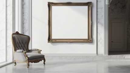 Wall Mural - Elegant chair beside a large empty frame in a bright, modern gallery with marble flooring during daylight hours