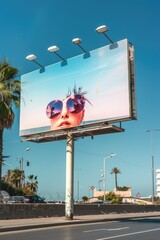 A billboard featuring a woman wearing trendy sunglasses, great for use in advertising or promotional materials