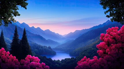 Wall Mural - Serene mountain view with vibrant flowers and a tranquil lake at dusk.