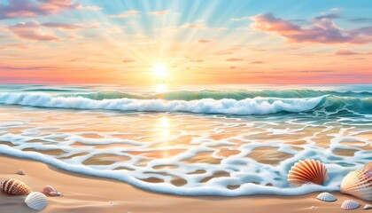 Wall Mural - Tranquil Beach Sunset Over Ocean with Gentle Waves, Umbrellas, Seashells, and Soft Sand Dunes