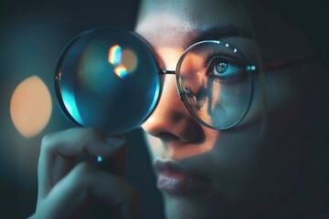 Wall Mural - a woman examines something closely with the help of a magnifying glass, suitable for scientific or d