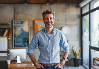 Portrait of handsome casual business owner man in his 40s smiling standing in a creative office