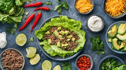 A vibrant flat lay of keto taco ingredients: lettuce wraps, ground beef, cheese, avocado, and sour cream, styled with chili peppers and lime wedges