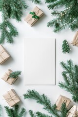 Canvas Print - Cozy holiday decorations feature a blank sheet of paper framed by wrapped gifts and fresh pine branches, creating a seasonal ambiance