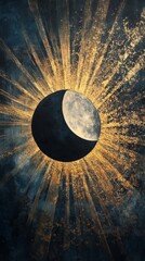 Poster - moon eclipsed by sun with golden rays, celestial art concept