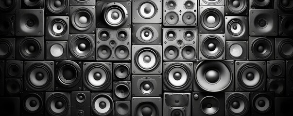 A black Loudspeaker background with various sizes. 3D illustration.