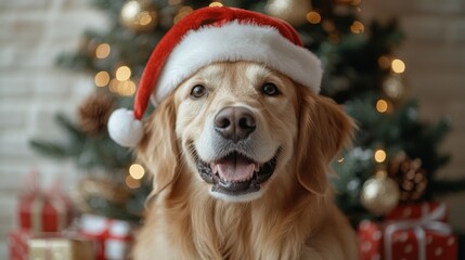 happy golden retriever dog wearing a Santa hat, sitting near a Christmas tree with presents