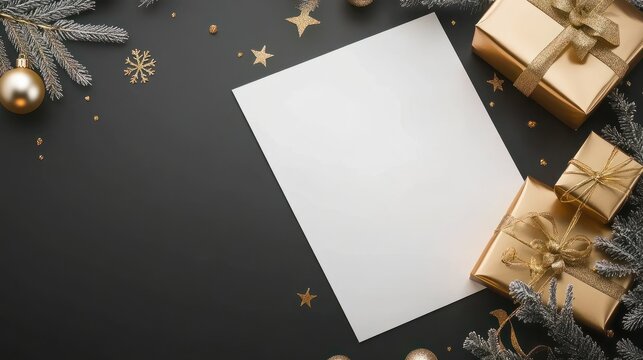 Elegant Christmas card template with gold foil details, sleek fonts, and customizable spaces for personalized holiday messages.