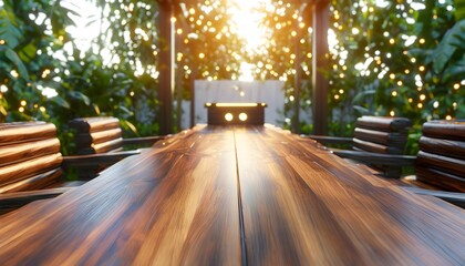 Wall Mural - Elegant outdoor meeting space featuring a wooden table and comfortable chairs surrounded by lush greenery and bathed in soft sunlight