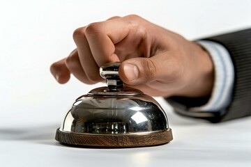 close-up shot of a waiter's hand ringing a service bell on a white background. The image captures the essence of hospitality and customer service in a hotel setting.