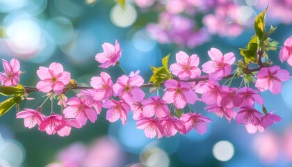 Wall Mural - Vibrant pink blossoms on a branch surrounded by enchanting bokeh light in a dreamy spring atmosphere