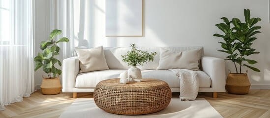 Wall Mural - White sofa with beige pillows and throw, wicker coffee table, and plants in a modern living room.