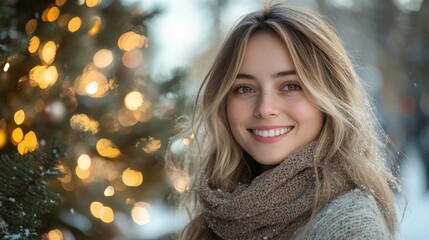 happy woman wearing headpones, decorating a christmas tree in a cozy cloths