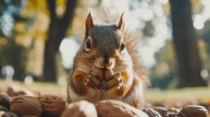 Close-up of a squirrel eating nuts in a park during a sunny day