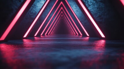 Poster - The image displays an array of endless neon triangles forming a reflective corridor, capturing the essence of modern technological aesthetics and depth.