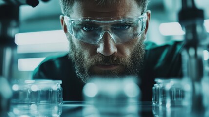 Poster - A focused scientist wearing safety goggles observes samples through a glass barrier in a modern laboratory, emphasizing precision and dedication in scientific work.