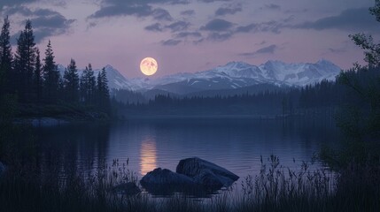 Wall Mural - As the full moon rises over a lake, a forest in the background and a mountain range in the background