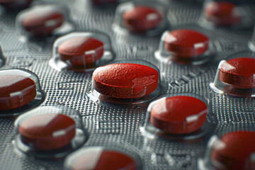 A close up of a red pill with a white label