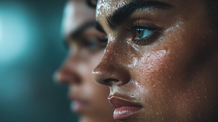 Poster - An artistic side profile showcasing intense facial expressions, detailed skin texture, and a captivating gaze, highlighting focus and determination in modern imagery.