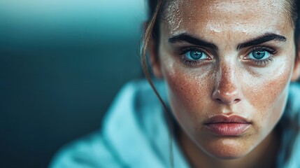 Poster - A focused portrait capturing piercing blue eyes and a striking expression, highlighting beauty and emotion in a modern photographic style with stunning detail.