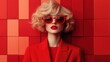 © Larisa AI - A fashionable model in a striking red outfit and sunglasses stands against a vivid red checkered wall, embodying bold fashion statements and modern aesthetics.