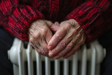 close up of a pensioners hand on a radiator. winter home heating