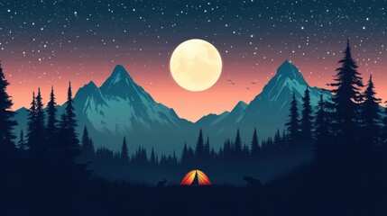 Sticker - Person camping under the stars near a mountain range with wildlife nearby