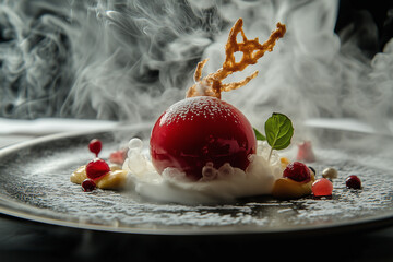chef's table presentation of molecular gastronomy desserts.a close up of a beautifully arranged plat