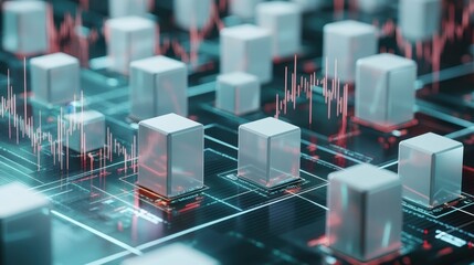 Technology cube on electronic board symbolizing data processing and security in blockchain network