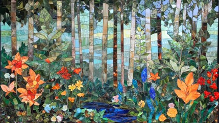 Wall Mural - Forest with a river running through it in a mosaic