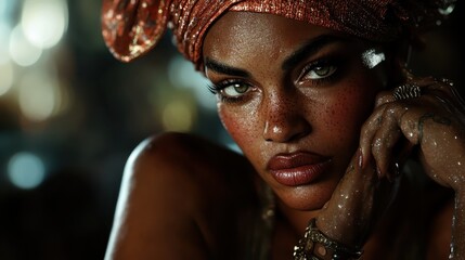 A striking portrait of a woman with freckles, captured under dramatic lighting, embodies beauty and fierceness, enhanced by her edgy makeup and accessories.