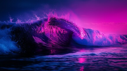 Abstract neon wave crashing glowing beach vivid contrast dynamic energy high-definition. AI generated