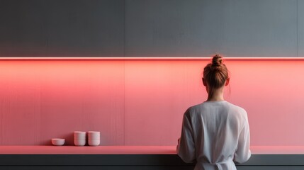 Poster - A person stands in a modern minimalist kitchen, facing cabinets with a striking red light strip. The image captures sleek design, simplicity, and contemporary style.
