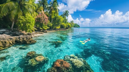 Person snorkeling in clear blue waters near a coral reef on a tropical vacation